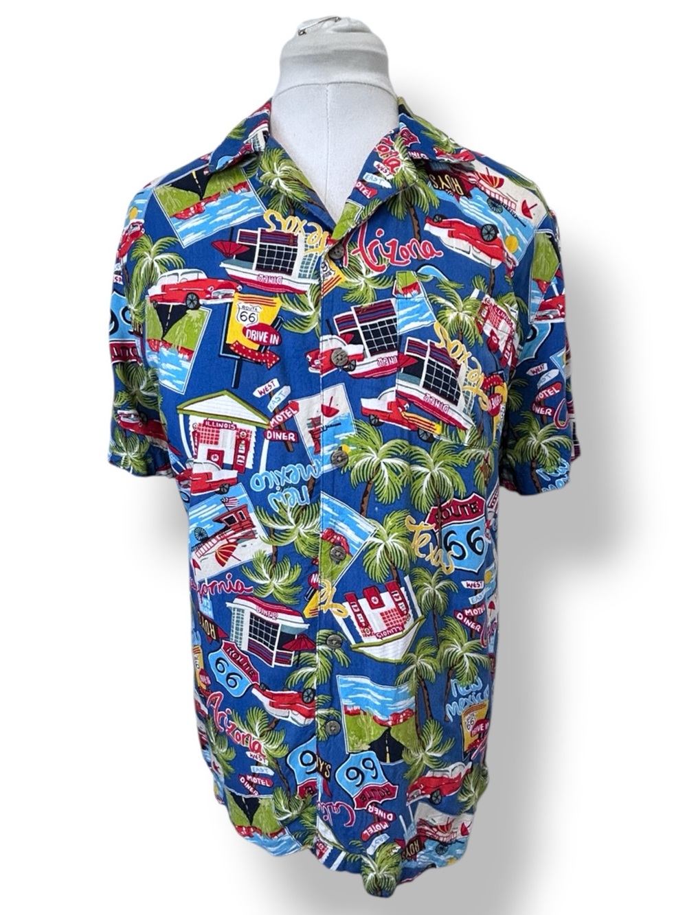 George Mens Route 66 Print Short-Sleeve Button-Down Shirt Blue Tropical S